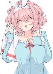 Rule 34 | 1girl, breasts, bright pupils, chestnut mouth, hair between eyes, hairband, highres, holding, holding towel, long sleeves, looking at viewer, medium breasts, open mouth, pajamas, pink eyes, pink hair, saigyouji yuyuko, short hair, simple background, smile, solo, touhou, towel, tsukimirin, upper body, wet, wet hair, white background, white hairband, white pupils