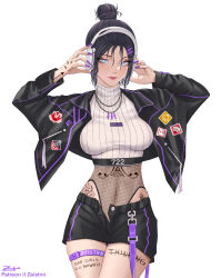 Rule 34 | 1girl, absurdres, alternate costume, animification, apex legends, arrow (symbol), artist name, back hair, black leotard, black shorts, blue eyes, body writing, breasts, bright pupils, commentary, cropped shirt, english commentary, fishnet leotard, hair bun, headphones, heart, heart-shaped pupils, highres, jewelry, leotard, looking at viewer, medium breasts, necklace, purple nails, ribbed shirt, shirt, shorts, simple background, single hair bun, skindentation, smile, solo, symbol-shaped pupils, thigh strap, white background, white pupils, wraith (apex legends), zeistnn