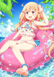 Rule 34 | 10s, 1girl, :d, bare arms, bare legs, blonde hair, blush, cloud, day, feet, futaba anzu, hair between eyes, idolmaster, idolmaster cinderella girls, innertube, leaf, long hair, looking at viewer, low twintails, navel, ocean, omega.ep, open mouth, outdoors, palm tree, pink eyes, sky, smile, solo, sparkle, swim ring, swimsuit, tareme, toes, tree, twintails, water
