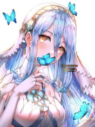 Rule 34 | 1girl, artist name, azura (fire emblem), bare shoulders, blue butterfly, blue hair, blush, breasts, bug, butterfly, butterfly on hand, butterfly on hand, butterfly on head, commentary, commission, detached collar, detached sleeves, dress, elbow gloves, english commentary, english text, fingerless gloves, fingernails, fire emblem, fire emblem fates, gloves, hair between eyes, bug, long hair, looking at viewer, medium breasts, nintendo, simple background, sleeveless, solo, veil, very long hair, wani (fadgrith), white background, white dress, white gloves, white headwear, white sleeves, white veil, yellow eyes