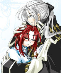 Rule 34 | 00s, 1boy, 1girl, abel nightroad, blush, cross, esther blanchett, glasses, gloves, hand on another&#039;s head, hug, lowres, red hair, trinity blood, white hair