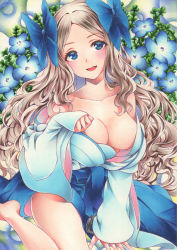 Rule 34 | 1girl, :d, asakaze (kancolle), between legs, blue bow, blue eyes, blue flower, blue hakama, blue skirt, blush, bow, breasts, brown hair, cleavage, collarbone, flower, forehead, furisode, hair bow, hakama, hakama skirt, hand between legs, hand up, highres, japanese clothes, kantai collection, kimono, light brown hair, long hair, medium breasts, meiji schoolgirl uniform, off shoulder, open mouth, parted bangs, saya pr, sitting, skirt, smile, solo, twintails, wariza, wavy hair