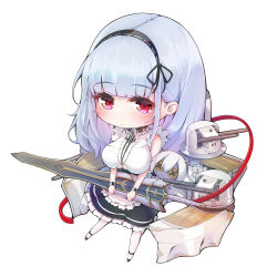 Rule 34 | 1girl, apron, azur lane, black footwear, blue hairband, blue skirt, blush, chibi, closed mouth, commentary request, dido (azur lane), full body, hairband, holding, holding sword, holding weapon, imo bouya, long hair, looking at viewer, red eyes, shirt, skirt, sleeveless, sleeveless shirt, solo, standing, sword, thighhighs, waist apron, weapon, white apron, white hair, white shirt, white thighhighs