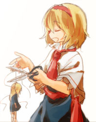 Rule 34 | 1girl, alice margatroid, blonde hair, blue dress, capelet, cutting, doll, doll joints, dress, closed eyes, hair between eyes, hairband, hinase kaguya, joints, long dress, necktie, open mouth, scissors, short hair, short sleeves, solo, string, touhou