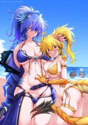 Rule 34 | 2girls, annes (g (genesis1556)), antenna hair, arisa (g (genesis1556)), armlet, artist name, ass, bare shoulders, beach, bikini, blonde hair, blue bikini, blue eyes, blue hair, blue jacket, blue sky, blush, bow, bow (weapon), bowtie, breasts, claws, cleavage, closed mouth, cloud, collarbone, commentary request, cowboy shot, day, dragon girl, dragon horns, dragon tail, eyepatch, fur-trimmed jacket, fur trim, g (genesis1556), gluteal fold, hair between eyes, high ponytail, highres, holding, holding sword, holding weapon, horns, jacket, large breasts, long hair, looking at viewer, monster girl, multiple girls, navel, ocean, off shoulder, ootachi, open clothes, open jacket, original, outdoors, ponytail, sacabambaspis, scales, scar, scar across eye, shark, sheath, sheathed, siblings, sidelocks, sisters, skindentation, sky, standing, stitches, stomach, swimsuit, sword, tail, thighlet, weapon, yellow bow, yellow bowtie, yellow eyes