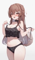 Rule 34 | 1girl, absurdres, animal ears, black camisole, black panties, blush, bone hair ornament, braid, breasts, brown eyes, brown hair, camisole, cleavage, collarbone, dog ears, dog girl, dog tail, fang, hair between eyes, hair ornament, heart, heart-shaped pupils, highres, hololive, inugami korone, inugami korone (loungewear), koahri, large breasts, long hair, looking at viewer, navel, open mouth, panties, print panties, sideboob, simple background, skin fang, smile, solo, symbol-shaped pupils, tail, underwear, underwear only, virtual youtuber, white background