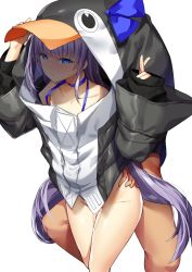 Rule 34 | 1boy, 1girl, animal costume, black jacket, blue ribbon, blush, bottomless, commentary request, cum, cum on body, cum on lower body, fate/grand order, fate (series), hetero, jacket, long hair, long sleeves, looking at viewer, meltryllis (fate), meltryllis (swimsuit lancer) (first ascension) (fate), mikomachi (35machi), penguin costume, pixiv fate/grand order contest 1, purple hair, ribbon, sex, simple background, sleeves past wrists, solo focus, very long hair, white background, white jacket