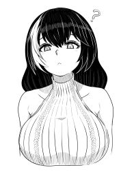 Rule 34 | 1girl, ?, black hair, breast focus, breasts, collarbone, commentary request, girls&#039; frontline, greyscale, highres, large breasts, long hair, looking at viewer, looking down, monochrome, multicolored hair, ro635 (girls&#039; frontline), simple background, sleeveless, sleeveless sweater, solo, streaked hair, sweater, tareme, tomtom drawing, white background