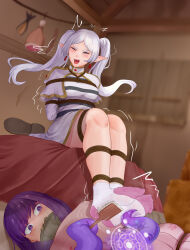 Rule 34 | 2girls, :d, ^ ^, absurdres, arms behind back, bare legs, bdsm, blurry, blurry background, bondage, boned meat, bound, breasts, capelet, closed eyes, commentary request, dress, fern (sousou no frieren), food, frieren, highres, indoors, long hair, meat, multiple girls, no shoes, open mouth, pointy ears, purple eyes, purple hair, rope, sausage, short dress, small breasts, smile, socks, sousou no frieren, tentacles, tickling, twintails, very long hair, white capelet, white dress, white hair, white socks, yuehei dao