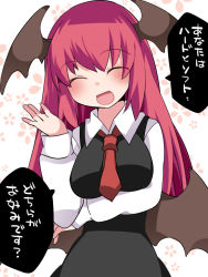 Rule 34 | 1girl, :d, ^ ^, ascot, bat wings, black dress, blush, breast hold, breasts, commentary request, dress, dress shirt, closed eyes, hammer (sunset beach), head wings, koakuma, large breasts, long hair, low wings, open mouth, red hair, shirt, smile, solo, touhou, translation request, wings