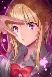 Rule 34 | 1girl, blonde hair, blurry, bow, bowtie, collared shirt, commentary request, depth of field, dress shirt, grey shirt, hair between eyes, highres, hood, hoodie, hoshino ruby, kelly 0w0, light particles, long hair, looking at viewer, mismatched pupils, open clothes, open hoodie, oshi no ko, parted lips, partial commentary, pink eyes, purple background, red bow, red bowtie, shadow, shirt, sidelocks, solo, star-shaped pupils, star (symbol), symbol-shaped pupils, upper body, v, v over eye
