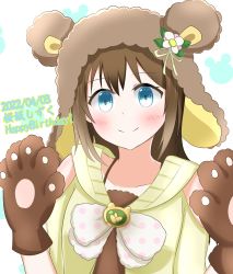 Rule 34 | 1girl, 2020, animal ears, animal hands, animal hood, aqua eyes, artist name, artist request, bare shoulders, bear ears, blue eyes, blush, bow, breasts, brown bow, brown dress, brown hair, brown jacket, brown sweater, close-up, clothing cutout, collarbone, dated, dress, exciting animal (love live!), female focus, flower, frilled dress, frills, fur trim, gloves, hair between eyes, highres, hood, hooded jacket, hooded sweater, jacket, light brown jacket, light brown sweater, long hair, long sleeves, looking at viewer, love live!, love live! nijigasaki high school idol club, love live! school idol festival, love live! school idol festival all stars, osaka shizuku, parted lips, paw gloves, polka dot, polka dot bow, ponytail, ribbon, short sleeves, shoulder cutout, small breasts, smile, solo, sweater, upper body, white background, white bow, white flower, yellow ribbon