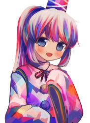 Rule 34 | 1girl, :d, alternate color, alternate hair color, black neckwear, black ribbon, blue eyes, blue hat, blush, bow, child, commentary request, cross, hat, headwear request, long sleeves, looking at viewer, mononobe no futo, multicolored clothes, multicolored hair, neckwear request, open mouth, pom pom (clothes), puroshimin, red ribbon, ribbon, ribbon-trimmed sleeves, ribbon trim, shirt, simple background, smile, solo, tate eboshi, touhou, upper body, white background, wide sleeves