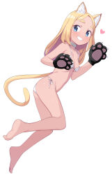 Rule 34 | 1girl, animal ear fluff, animal ears, animal hands, bare arms, bare legs, bare shoulders, barefoot, bikini, black gloves, blonde hair, blue eyes, breasts, cat ears, cat girl, cat tail, choker, collarbone, feet, forehead, full body, gloves, grin, heart, highres, light blush, long hair, looking at viewer, original, parted bangs, paw gloves, petite, saiste, side-tie bikini bottom, simple background, small breasts, smile, solo, string bikini, swimsuit, tail, white background, white bikini, white choker