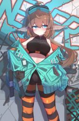 Rule 34 | 1girl, aciddrop (afternoon teatime) (arknights), aciddrop (arknights), ahoge, animal ears, arknights, asumi maboroshi, bare shoulders, bird ears, black gloves, black shirt, blue eyes, breasts, brown hair, coat, cropped shirt, gloves, goggles, goggles on head, graffiti, green coat, highres, large breasts, midriff, official alternate costume, orange pantyhose, pantyhose, ribbed shirt, shirt, short hair, sleeveless, sleeveless shirt, solo, standing, striped clothes, striped pantyhose