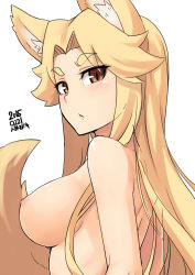 Rule 34 | 1girl, animal ears, blonde hair, blush, breasts, female focus, fox ears, fox tail, jingai modoki, large breasts, long hair, looking at viewer, nipples, nude, simple background, sketch, solo, tail, upper body, white background, yellow eyes