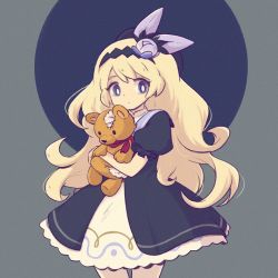 Rule 34 | 1girl, black dress, blonde hair, bow, cowboy shot, dragalia lost, dress, hair bow, hair ornament, hat, holding, holding stuffed toy, lathna, long hair, looking at viewer, puffy short sleeves, puffy sleeves, purple eyes, short sleeves, simple background, solo, stuffed animal, stuffed toy, teddy bear, torn, youkaishain