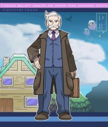 Rule 34 | 1boy, blue jacket, blue pants, brown bag, brown coat, brown footwear, buttons, closed mouth, coat, collared shirt, copyright name, creatures (company), dreambig, drifloon, facial hair, game freak, gen 4 pokemon, grey eyes, grey hair, hand on own hip, highres, holding, jacket, long sleeves, looking at viewer, male focus, mustache, necktie, nintendo, open clothes, open coat, outline, pants, pokemon, pokemon (creature), pokemon bdsp, purple necktie, rowan (pokemon), shirt, shoes, short hair, standing, watermark, white shirt