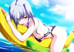 Rule 34 | 1girl, banana boat, bracelet, breasts, covered erect nipples, jewelry, long hair, lying, lyrical nanoha, mahou shoujo lyrical nanoha, on stomach, pink eyes, reinforce, silver hair, solo, swimsuit, tappa (esperanza), tongue, tongue out, water