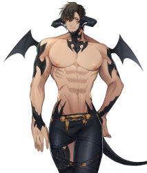 Rule 34 | 1boy, abs, au ra, bara, beard, black pants, brown hair, bulge, clothing cutout, demon boy, demon horns, demon tail, dragon boy, dragon horns, dragon tail, facial hair, final fantasy, final fantasy xiv, hand on own hip, highres, horns, large pectorals, looking at viewer, male focus, muscular, muscular male, navel, nipples, pants, pectorals, red eyes, scales, seum (kao husband), short hair, solo, tail, thick thighs, thigh cutout, thighs, tight clothes, tight pants, topless male, warrior of light (ff14)