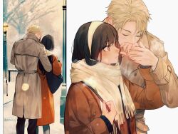 Rule 34 | 1boy, 1girl, artist name, black bag, black hair, black pants, blonde hair, blush, brown jacket, brown scarf, closed eyes, commentary, couple, feet out of frame, from behind, hand up, highres, jacket, kiss, kissing hand, lamppost, long hair, maiii (smaii i), multiple views, outdoors, pants, red eyes, scarf, short hair, snow, spy x family, symbol-only commentary, twilight (spy x family), upper body, white background, winter, yor briar