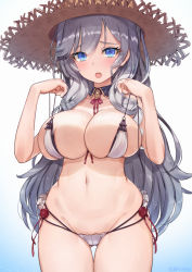 Rule 34 | 1girl, algerie (azur lane), algerie (white sand paradise) (azur lane), azur lane, bikini, blue background, blue eyes, breasts, cleavage, cowboy shot, detached collar, gluteal fold, gradient background, hat, highres, large breasts, long hair, looking at viewer, mole, mole on breast, mole under eye, navel, silver hair, solo, stomach, straw hat, string bikini, swimsuit, tansan daisuki, thigh gap, very long hair, white background, white bikini