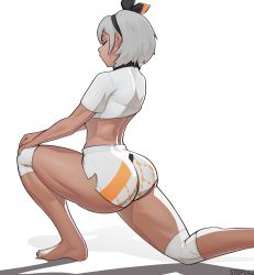 Rule 34 | 1girl, artist name, ass, barefoot, bea (pokemon), black hairband, bow hairband, closed eyes, commentary, creatures (company), cropped shirt, dark-skinned female, dark skin, from side, game freak, grey hair, hairband, hand on own knee, highres, knee pads, nintendo, on one knee, own hands together, pokemon, pokemon swsh, shirt, short hair, short shorts, shorts, solo, squatting, stopu, stretching, thick thighs, thighs, toes, white background, white shirt, white shorts