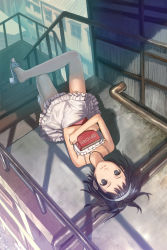 Rule 34 | 1girl, black eyes, black hair, blue hair, book, hugging book, dress, hairband, holding, holding book, lying, hugging object, on back, original, industrial pipe, sandals, solo, stairs, uni (plastic girl), upside-down