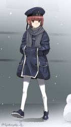 Rule 34 | 1girl, :o, blunt bangs, blush, brown eyes, brown hair, clothes writing, full body, hands in pockets, hat, ifuji shinsen, jacket, kantai collection, outdoors, pantyhose, peaked cap, pocket, sailor hat, scarf, shadow, shoes, short hair, snow, snowing, solo, standing, standing on one leg, twitter username, white pantyhose, z3 max schultz (kancolle)