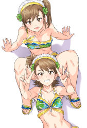 Rule 34 | 2girls, bikini, breasts, cleavage, clover, clover hair ornament, double v, four-leaf clover, four-leaf clover hair ornament, from above, futami ami, futami mami, hair ornament, hairband, happy birthday, highres, idolmaster, idolmaster (classic), long hair, multiple girls, navel, short hair, siblings, side ponytail, simple background, sisters, sitting, small breasts, smile, spread legs, swimsuit, tsurui, twins, v, white background
