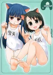 Rule 34 | 10s, 2girls, :d, animal ears, bakutendou, barefoot, black eyes, black hair, blue hair, blunt bangs, blush, brown eyes, cat ears, covered navel, feet, flat chest, foot focus, hair ornament, hairclip, highres, hime cut, idolmaster, idolmaster cinderella girls, jitome, kneeling, long hair, looking at viewer, multiple girls, name tag, non-web source, one-piece swimsuit, open mouth, paw pose, sajo yukimi, sasaki chie, school swimsuit, short hair, sitting, smile, soles, swimsuit, toe scrunch, toenails, toes, white one-piece swimsuit, white school swimsuit