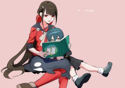 Rule 34 | 1boy, 1girl, aged down, artist name, black skirt, book, brown hair, child, commentary, danganronpa (series), danganronpa v3: killing harmony, hair ornament, hairclip, harukawa maki, holding, holding book, jacket, kuangtai (amami ryoko), long hair, mole, mole under eye, open book, open mouth, pantyhose, pink background, reading, red eyes, red pantyhose, red scrunchie, red shirt, saihara shuichi, sailor collar, school uniform, scrunchie, shirt, shoes, short hair, shorts, sitting, skirt, striped clothes, striped jacket, striped shorts, stuffed animal, stuffed orca, stuffed toy, symbol-only commentary, teeth, twintails, upper teeth only, very long hair