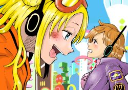 Rule 34 | 2girls, artist request, blonde hair, blue eyes, blush, bodysuit, breasts, city, face-to-face, freckles, giant, giantess, hair over one eye, jacket, large breasts, long hair, looking at another, multiple girls, one piece, open mouth, orange hair, pink bodysuit, purple jacket, shiny clothes, sky, tongue, tongue out, twintails, vegapunk lilith, vegapunk york, very long hair, wide hips