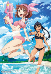Rule 34 | 2girls, :d, absurdres, aiming, airborne, armpits, ass, bare shoulders, barefoot, bikini, black hair, blue sky, blush, body blush, bracelet, breasts, brown eyes, brown hair, bush, cloud, cloudy sky, collarbone, dark-skinned female, dark skin, day, earrings, eyes visible through hair, feet, gluteal fold, gold earrings, grey eyes, gun, hair between eyes, hairband, highres, holding, holding gun, holding weapon, jewelry, jumping, llenn (sao), long hair, looking at another, looking at viewer, magazine scan, medium breasts, megami magazine, mountain, multiple girls, navel, nishimura rie, official art, open hand, open mouth, outdoors, p-chan (p90), palm tree, pink bikini, pink hairband, pinky out, pitohui (sao), polka dot, polka dot bikini, polka dot bikini top, ponytail, round teeth, running, sand, scan, shore, short hair, side-tie bikini bottom, sky, small breasts, smile, soles, swimsuit, sword art online, sword art online alternative: gun gale online, tattoo, teeth, toes, tongue, tree, water, water gun, weapon, yellow bracelet