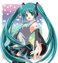 Rule 34 | 1girl, aqua hair, arm at side, black footwear, black skirt, boots, clothes lift, collared shirt, cowboy shot, detached sleeves, eyebrows, grey shirt, hair ornament, hatsune miku, headphones, headset, legs together, long hair, looking at viewer, microphone, miniskirt, nail polish, necktie, pleated skirt, reaching, saka, shirt, skirt, skirt lift, solo, tattoo, thigh boots, thighhighs, twintails, upskirt, very long hair, vocaloid