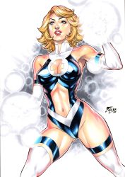 Rule 34 | 1girl, blonde hair, blue eyes, blue leotard, boots, breasts, clothing cutout, curvy, dated, elbow gloves, fantastic four, female focus, fighting stance, fred benes, gloves, highleg, highleg leotard, highres, large breasts, legs apart, leotard, lips, lipstick, long hair, looking up, makeup, marvel, navel, navel cutout, official alternate costume, red lips, shiny skin, skindentation, solo, sue storm, thick thighs, thighhighs, thighlet, thighs, thong leotard, white gloves, wide hips