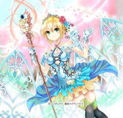Rule 34 | 1girl, blonde hair, breasts, flower, gloves, gradient background, green eyes, large breasts, navel, official art, rose, short hair, smile, solo, staff, teltelhousi, unmei no clan battle, wand