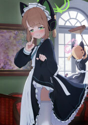 Rule 34 | 2girls, animal ears, apron, blonde hair, blue archive, blush, cat ears, fake animal ears, green eyes, green halo, half-closed eyes, halo, headphones, highres, lifting own clothes, long sleeves, looking at viewer, maid, medium hair, menchi-men, midori (blue archive), midori (maid) (blue archive), momoi (blue archive), momoi (maid) (blue archive), multiple girls, pink halo, siblings, sisters, tail, teeth, thighhighs, twins, white apron, white thighhighs