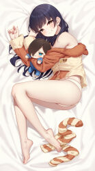 Rule 34 | 1girl, @ @, absurdres, ass, bare legs, barefoot, bed sheet, black hair, boku no kokoro no yabai yatsu, character doll, highres, hugging doll, hugging object, ichikawa kyoutarou, jacket, jacket partially removed, long hair, looking at viewer, looking to the side, lying, mole, mole on neck, neps-l, no pants, on side, panties, socks, solo, striped clothes, striped socks, toes, underwear, unworn socks, very long hair, white panties, yamada anna
