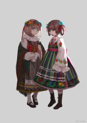 Rule 34 | 2girls, apron, bell sleeves, black footwear, blue eyes, boots, braid, cinkai, dress, european clothes, floral print, flower, folklore, frilled sleeves, frills, full body, green eyes, grey background, hair flower, hair ornament, hair rings, head tilt, head wreath, highres, jewelry, looking at viewer, mary janes, multiple girls, necklace, original, poland, polish clothes, polish text, shawl, shoes, simple background, slavic clothes, standing, traditional clothes, twin braids