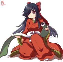 Rule 34 | 1girl, alternate costume, artist logo, black hair, bow, commentary request, cosplay, dated, hair bow, hair over one eye, hakama, hakama skirt, hayashimo (kancolle), highres, hime cut, japanese clothes, kanon (kurogane knights), kantai collection, kasugano tsubaki, kasugano tsubaki (cosplay), kimono, long hair, looking at viewer, mirai nikki, purple eyes, red bow, red hakama, red kimono, scroll, simple background, skirt, solo, squatting, very long hair, white background