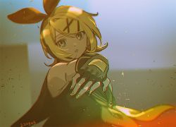 Rule 34 | 1girl, bad id, bad pixiv id, blonde hair, blue eyes, blurry, blurry background, bow, chromatic aberration, hair bow, hair ornament, hairclip, haun, headphones, kagamine rin, looking to the side, nail polish, neckerchief, outdoors, outstretched hand, parted lips, sailor collar, short hair, solo, swept bangs, upper body, vocaloid, sour model (mikumikudance), wind, yellow nails