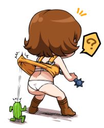 Rule 34 | 1girl, ass, boots, bra, breasts, brown hair, commentary request, dress, final fantasy, final fantasy viii, flipped hair, nunchaku, panties, sabotender, selphie tilmitt, short hair, simple background, skirt, solo, underwear, weapon, white background, yellow overalls, yellow skirt, yuuya (blue scarab)