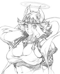 Rule 34 | 1girl, animal ears, armor, arms at sides, breasts, cat ears, cat girl, character request, cleavage, dress, eyelashes, furry, furry female, graphite (medium), greyscale, hagoromo, halo, highres, impossible clothes, impossible dress, jewelry, kei (bekei), large breasts, looking at viewer, mechanical pencil, monochrome, muscular, muscular female, navel, necklace, original, pauldrons, pencil, shawl, short hair, shoulder armor, sketch, skindentation, smile, solo, tiara, traditional media, upper body, veil