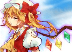 Rule 34 | 1girl, ascot, aura, bad id, bad pixiv id, blonde hair, blue background, closed eyes, eyelashes, facing away, flandre scarlet, gradient background, hat, hat ribbon, kumatntn, light smile, mob cap, puffy short sleeves, puffy sleeves, ribbon, short hair, short sleeves, side ponytail, solo, touhou, upper body, vest, wings