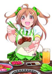 Rule 34 | 1girl, ahoge, apron, bad id, bad twitter id, bow, brown eyes, brown hair, chopsticks, drink, feeding, food, glass, green bow, green necktie, green skirt, green vest, hair bow, hair ornament, hairclip, highres, holding, holding chopsticks, inoue sora, long hair, looking at viewer, meat, midori-chan (myslot), miniskirt, myslot, necktie, open mouth, plaid, plaid skirt, pleated skirt, pov, puffy short sleeves, puffy sleeves, short sleeves, skirt, smile, solo, sparkle, sparkling eyes, table, two side up, vest, white background