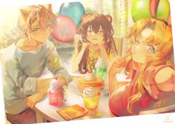 Rule 34 | 1boy, 2girls, animal ears, balloon, bear ears, blonde hair, blue eyes, blush, brown hair, brown pants, cherry, closed mouth, collarbone, collared shirt, commentary request, cup, drinking glass, food, fruit, grey shirt, hands up, light smile, long hair, looking at viewer, multiple girls, one eye closed, open mouth, original, pancake, pancake stack, pants, parted bangs, rabbit ears, red eyes, red shirt, saihate (d3), shirt, short sleeves, sitting, spoon, very long hair, yellow shirt