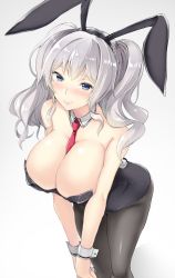 Rule 34 | 1girl, animal ears, between breasts, black leotard, blue eyes, blush, breasts, cleavage, detached collar, fake animal ears, fake tail, gin&#039;ichi (akacia), highres, kantai collection, kashima (kancolle), large breasts, leaning forward, leotard, long hair, looking at viewer, necktie, necktie between breasts, nose blush, pantyhose, playboy bunny, rabbit tail, red necktie, silver hair, simple background, smile, solo, tail, twintails, upper body, white background, wrist cuffs