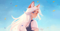 Rule 34 | 1girl, animal ear fluff, animal ears, artist name, blue eyes, blue sky, commentary, fox ears, freckles, heterochromia, long hair, looking at viewer, losse (personal ami), original, personal ami, short sleeves, sky, smile, solo, thick eyebrows, upper body, white hair, wind, yellow eyes