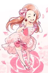 Rule 34 | 1girl, blush, breasts, brown hair, collarbone, dot nose, dress, earrings, falling petals, flower, flower earrings, frilled dress, frills, from above, full body, hair flower, hair ornament, hair ribbon, hands up, high heels, idolmaster, idolmaster (classic), idolmaster million live!, idolmaster million live! theater days, jewelry, long hair, looking at viewer, minase iori, nonaka nono, one eye closed, open mouth, petals, pink armband, pink background, pink dress, pink flower, pink footwear, pink ribbon, pink rose, red eyes, ribbon, rose, sleeveless, sleeveless dress, small breasts, smile, solo, teeth, thighhighs, upper teeth only, white thighhighs, wrist flower